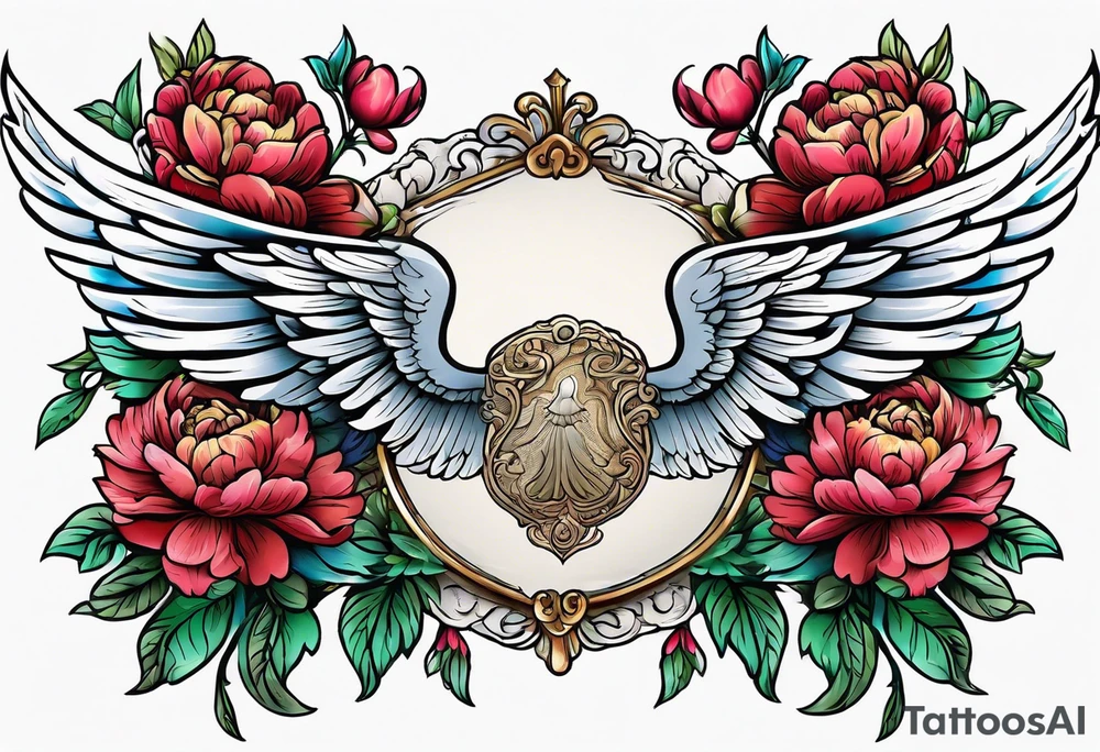 beautiful angel wings with colorful, peonies. beautiful flilligree in the background , full color, traditional old school , white background tattoo idea