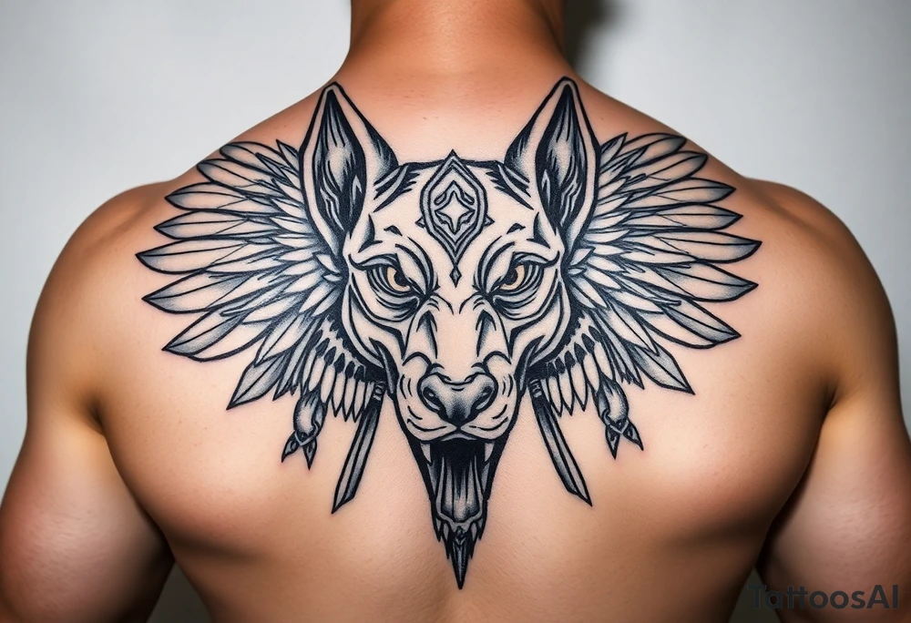 Egyptian Anubis god powerful face muscle in Egypt style dog face surrounded Egyptian symbols tattoo idea