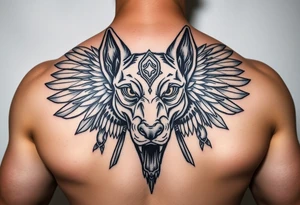 Egyptian Anubis god powerful face muscle in Egypt style dog face surrounded Egyptian symbols tattoo idea