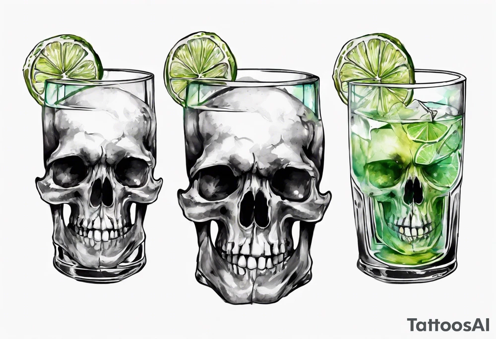 A smiling looking to the left scull inside the glass with alcohol and piece of lime tattoo idea