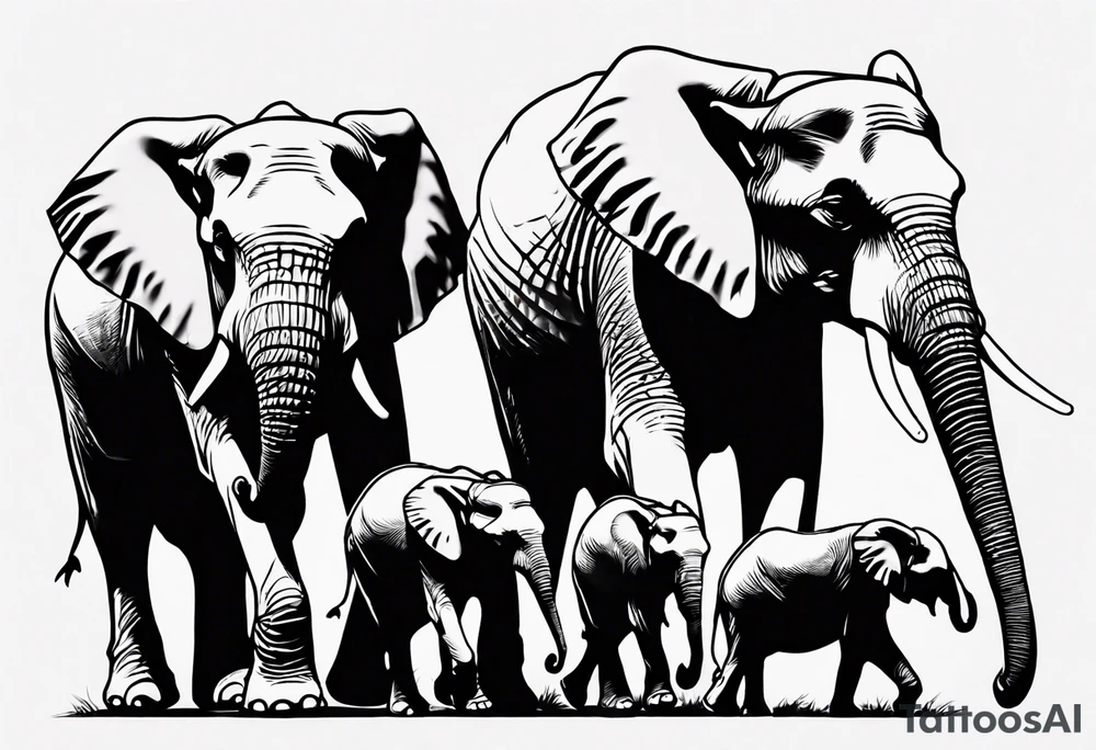 family of 6 elephants walking into sunset tattoo idea
