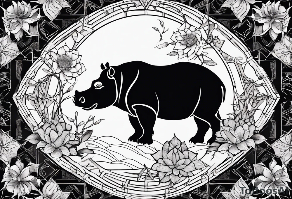 Very asymmetrical, +geometric pattern, with realistic full moon, with seeious looking hippo, +zen feel, + Buddhism touch, +tribal, +geometric
with wintersweet flower bud, +portrait orientation, +inkart touch, tattoo idea