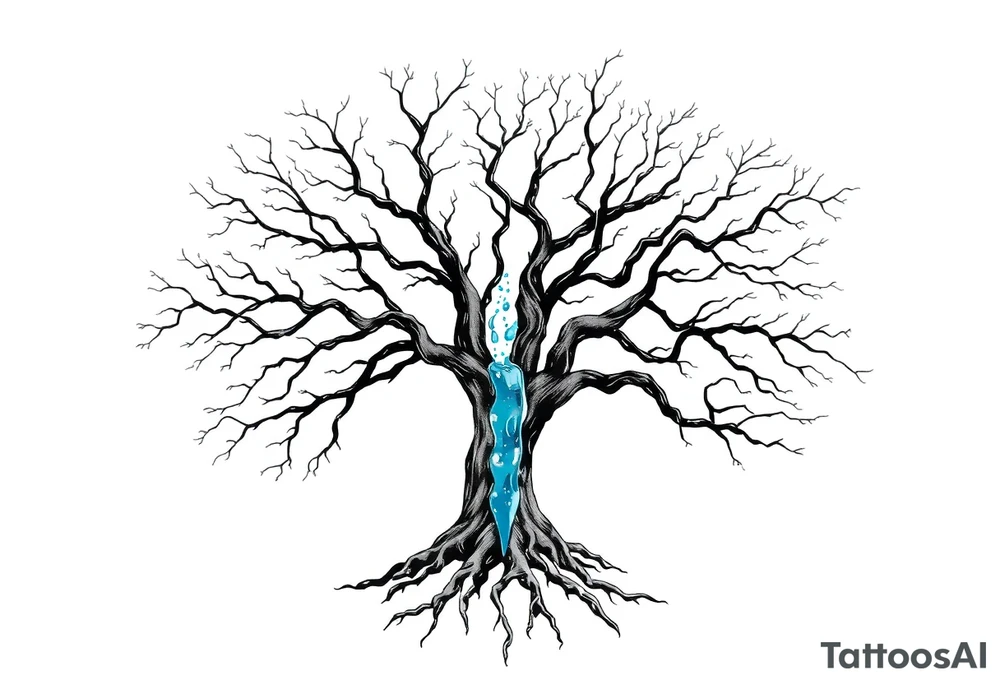 Black and white deciduos Tree with roots. Blue water inside the whole tree in many thin veins. flows from the brunches to the roots tattoo idea