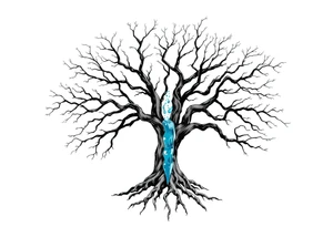 Black and white deciduos Tree with roots. Blue water inside the whole tree in many thin veins. flows from the brunches to the roots tattoo idea