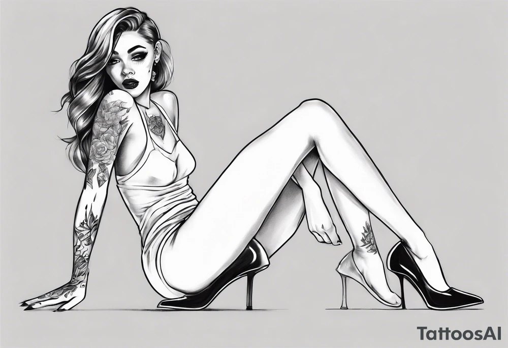 A girl in heels sits on the floor, leaning on her feet, with two legs wide open tattoo idea