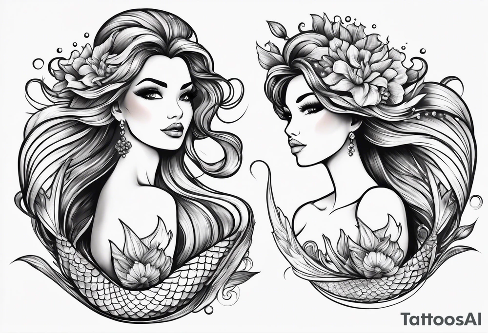 sexy full bodied mermaid with flowing tail and hair, tattoo sleeve tattoo idea