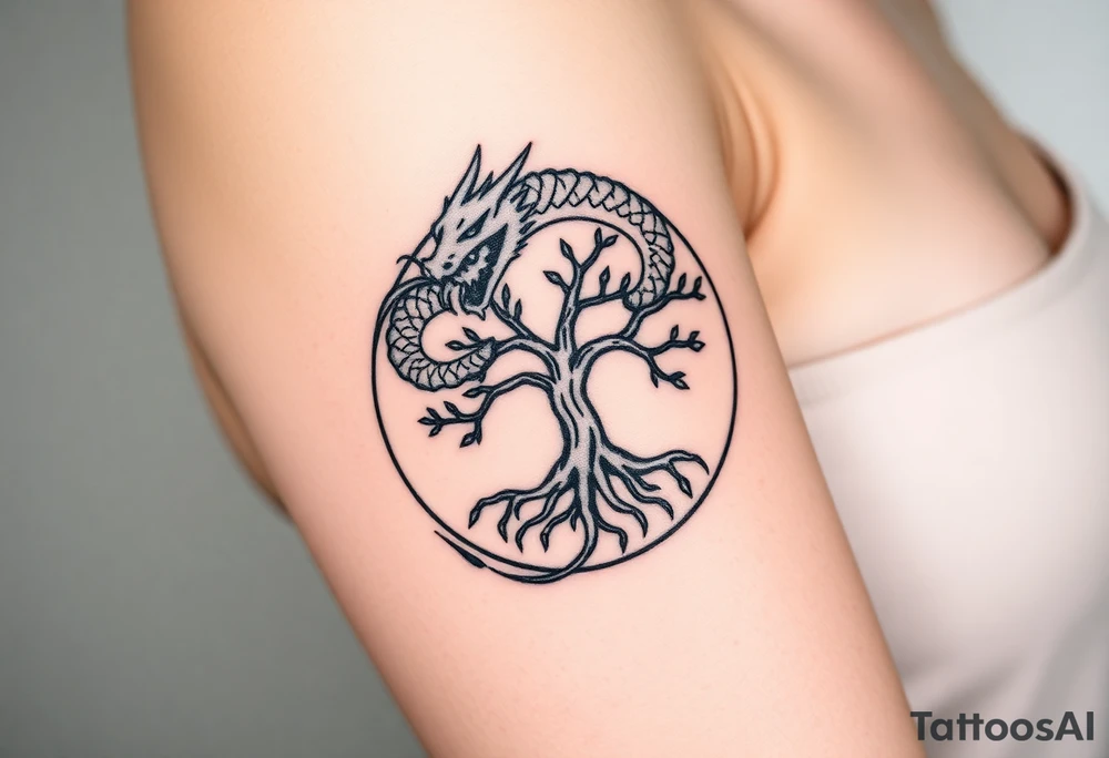 a dragon forming a circle with its body.  the dragon encircles the tree of life.  the dragon is eating the tree. the roots of the tree are strangling the dragon tattoo idea