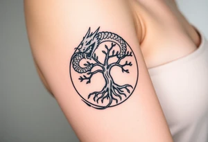 a dragon forming a circle with its body.  the dragon encircles the tree of life.  the dragon is eating the tree. the roots of the tree are strangling the dragon tattoo idea