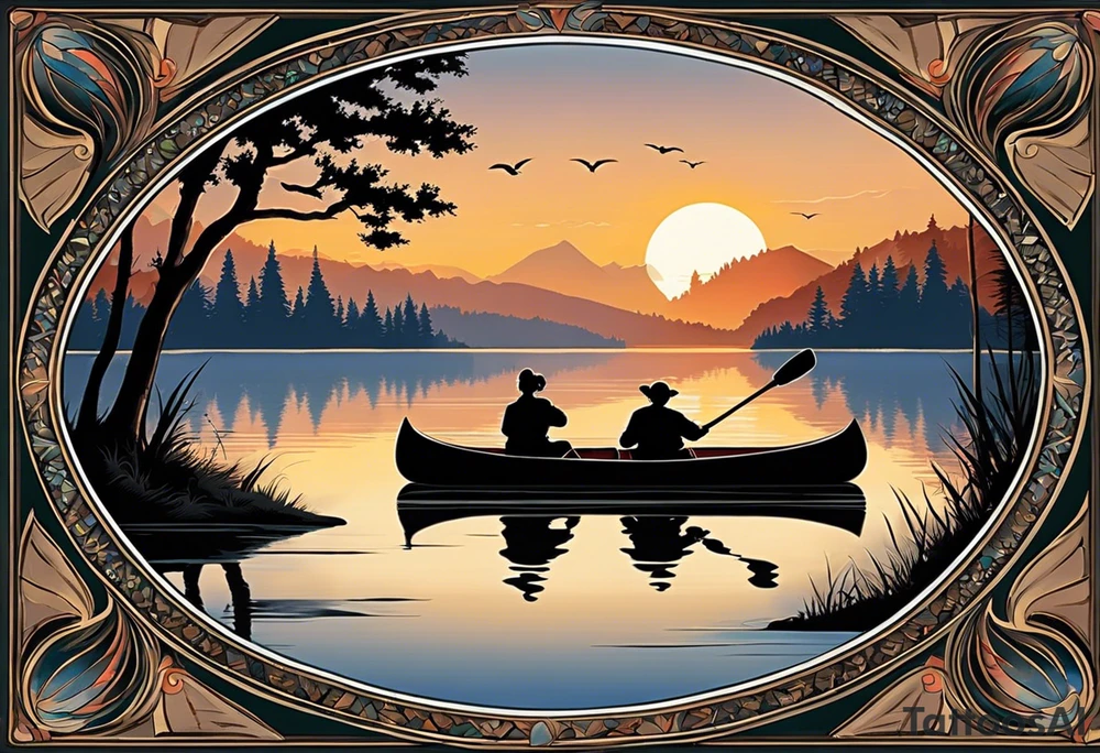 The tattoo design depicts a serene nature scene, framed within a semi-circular border. In the foreground, there are two people sitting in a canoe on a calm lake. They are paddling towards the horizon, with one person sitting at the back of the canoe and the other at the front. The back view of the people suggests a peaceful and contemplative moment shared between them.

In the background, there are majestic mountains with peaks covered in snow, creating a dramatic and picturesque landscape. The mountains are flanked by tall pine trees on either side, adding to the wilderness feel of the scene. Above the mountains, a large sun is either rising or setting, casting a tranquil glow over the entire scene. Birds are flying in the sky, adding to the sense of freedom and natural beauty.

The entire scene is rendered in a minimalist, black and white, line-drawing style, giving it a clean and elegant appearance. The semi-circular frame around the design focuses attention on the central elements and adds a sense of completeness to the image. tattoo idea