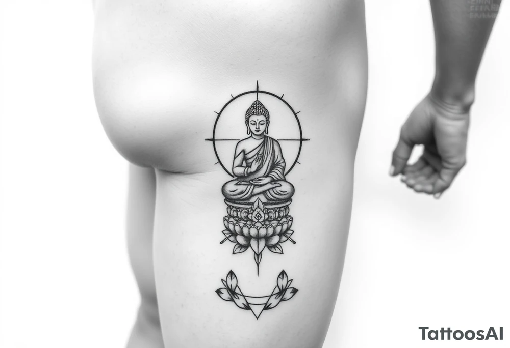 leg tattoo with buddha above knee on thigh, using sacred geometry and space themes tattoo idea