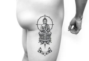 leg tattoo with buddha above knee on thigh, using sacred geometry and space themes tattoo idea