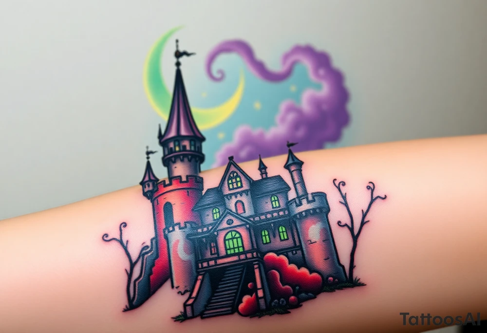 Tim Burton’s disney sleeping beauty’s haunted castle is abandoned and dripping with muted reds, dusty pinks, and eerie green glow.purple and cyan smokey clouds swirl in the crescent moonlit sky thats sprinkled with stars tattoo idea tattoo idea