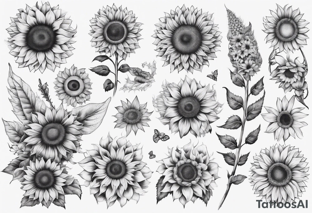 Sunflower sleeve with many flowers around it tattoo idea