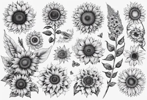 Sunflower sleeve with many flowers around it tattoo idea