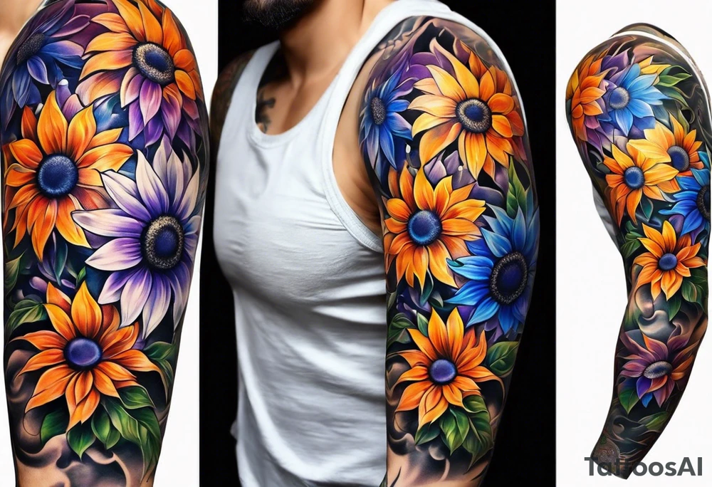 Full arm sleeve with purple, orange and blue sunflowers tattoo idea