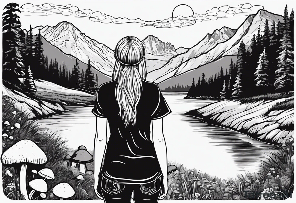 Whole picture encircled fully

Straight long blonde hair hippie girl in distance holding mushrooms in hand facing away toward mountains and creek surrounded by mushrooms tee shirt and hiking pants; whole rendering within a full circle, no cut off circle tattoo idea