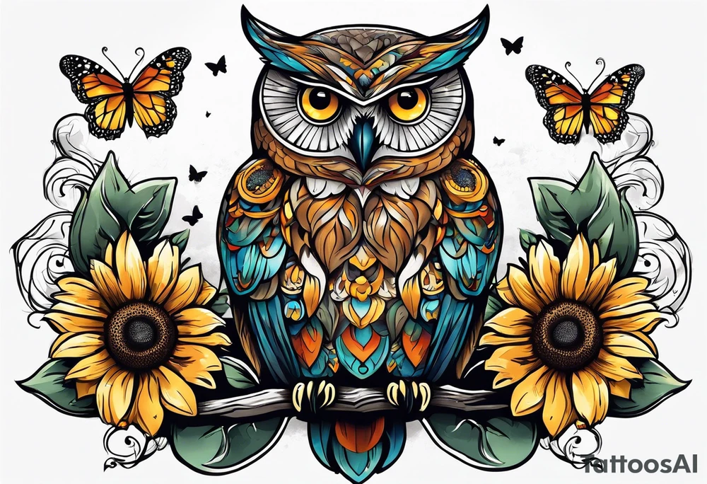 Owl with butterfly and sunflower tattoo idea