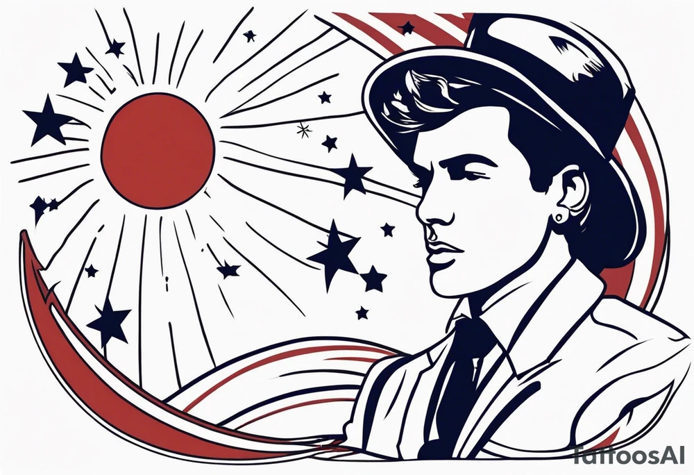 American flash style design of Uk singer songwriter Sam scherdel, needs to have dear in background, fireworks and a moon. tattoo idea