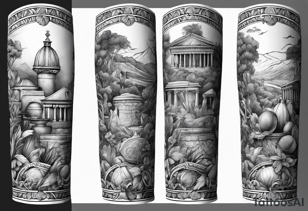 An arm sleeve of Roman objects, nature, and warriors tattoo idea