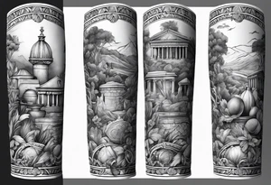 An arm sleeve of Roman objects, nature, and warriors tattoo idea