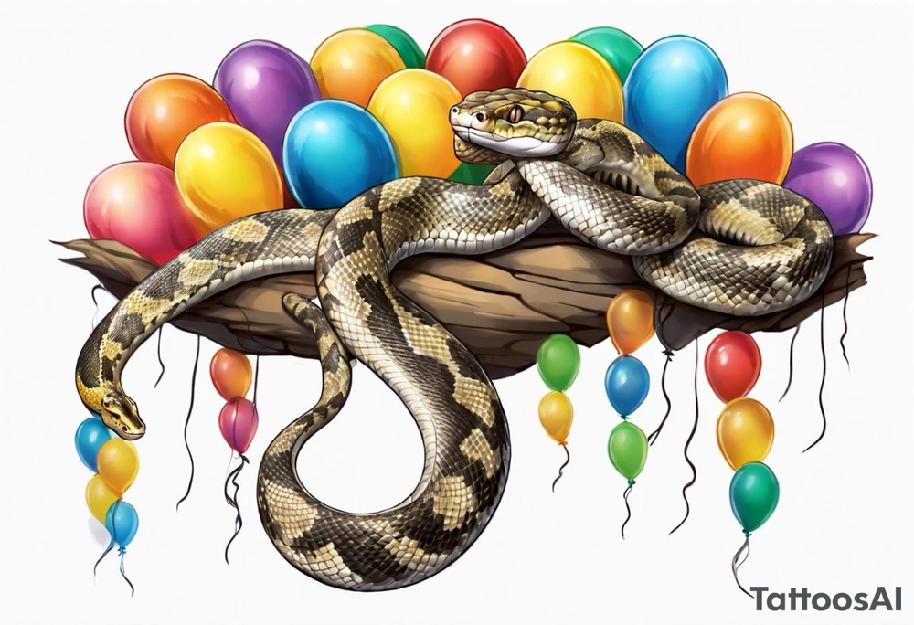 african python with colored ballons from movie up! aside and te-fiti stone on the other side tattoo idea