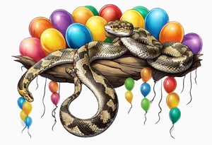 african python with colored ballons from movie up! aside and te-fiti stone on the other side tattoo idea