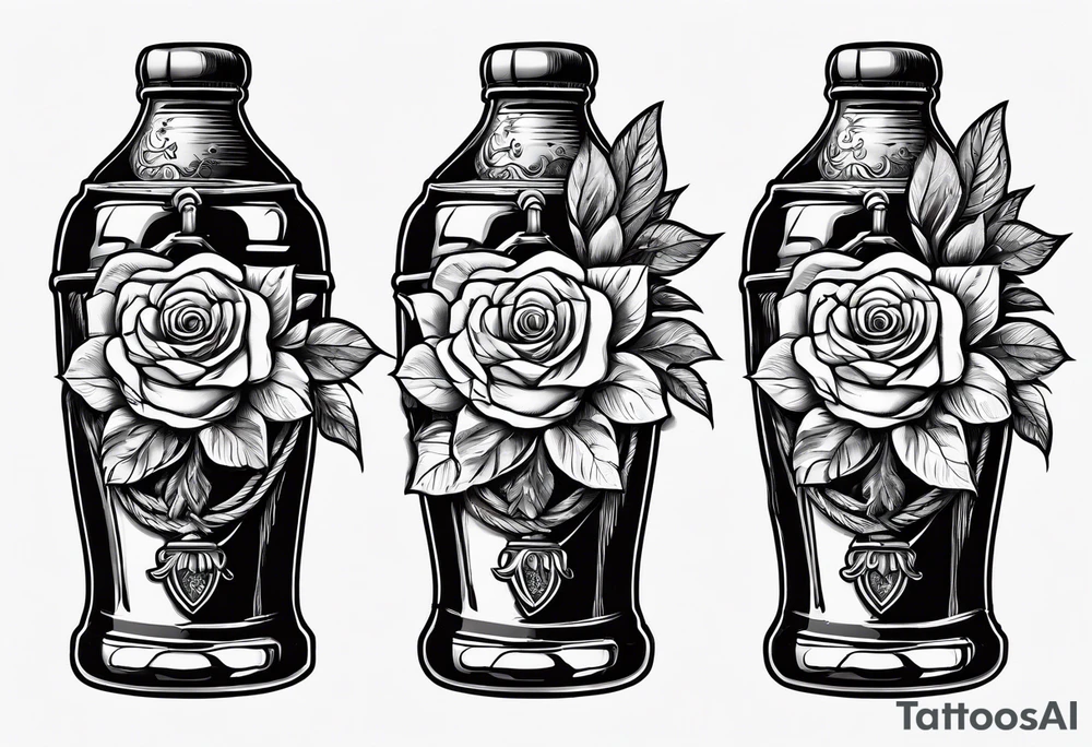 A bottle of beer and a stalk of rose in the bucket tattoo idea