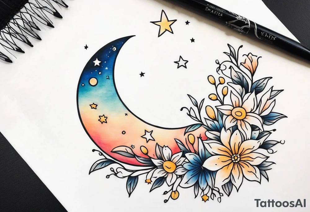 Moon stars flowers tattoo idea