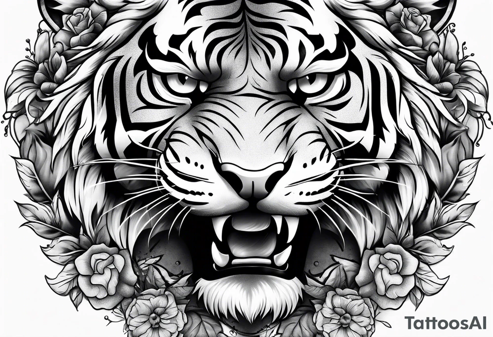 A tiger with crown and smoke rose times clocks tattoo idea