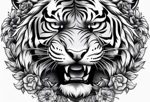 A tiger with crown and smoke rose times clocks tattoo idea