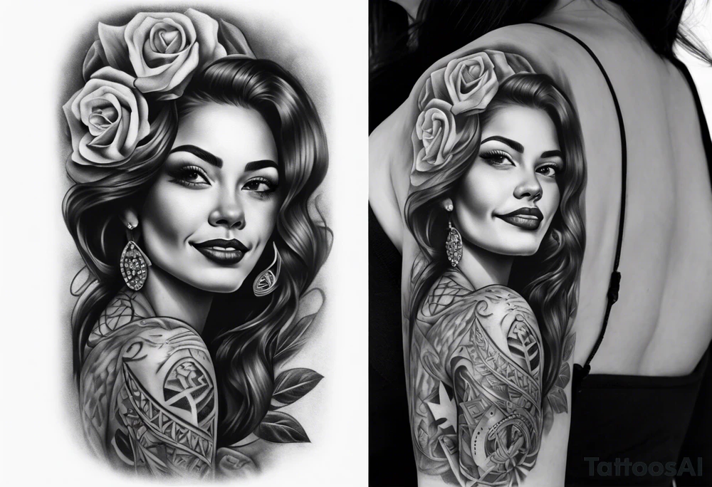 Chicano style woman smiling street photorealism arm sleeve tattoo idea