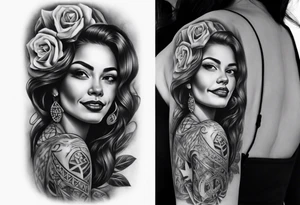 Chicano style woman smiling street photorealism arm sleeve tattoo idea