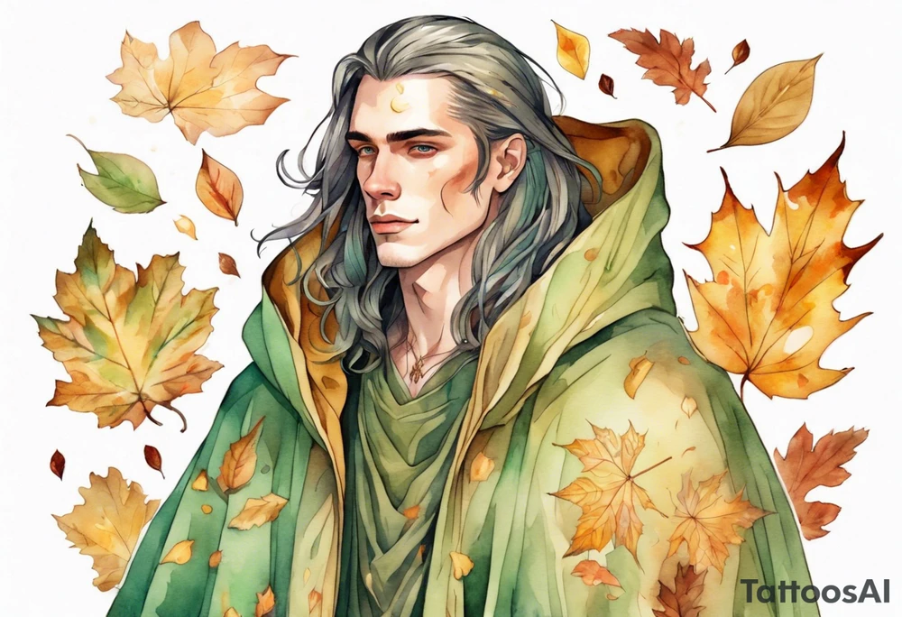 A young handsome man with pale green skin with long hair wearing a gold cloak surrounded by autumn leaves tattoo idea
