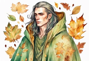 A young handsome man with pale green skin with long hair wearing a gold cloak surrounded by autumn leaves tattoo idea