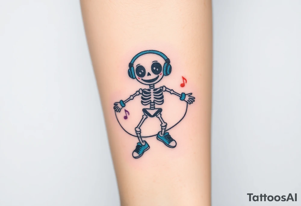 Cute smiley skeleton with heart shape eyes  jumping on a jump rope with both hands blue headphones blue armbands blue sneakers and colorful  music notes around his head tattoo idea