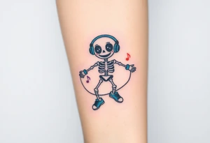 Cute smiley skeleton with heart shape eyes  jumping on a jump rope with both hands blue headphones blue armbands blue sneakers and colorful  music notes around his head tattoo idea