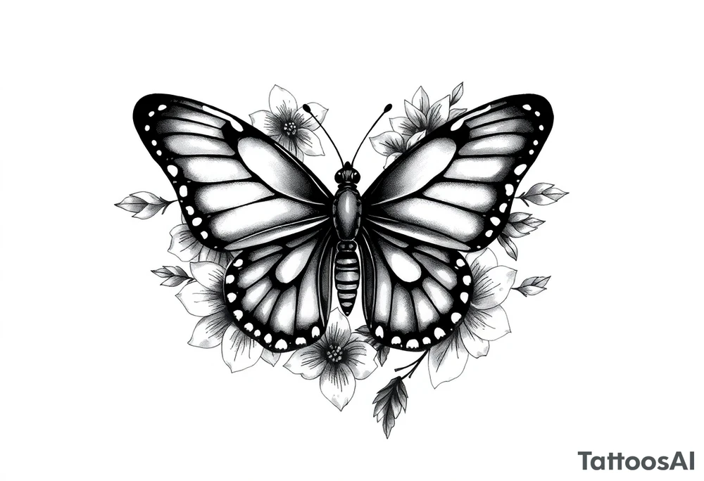 blackink work and shading butterfly with birth flowers around (February birth flower, March birth flower, april birth flower, august birth flower, november birth flowe, september birth flower, december birth flower) tattoo idea