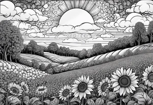 beautiful and heavily detailed sunflower meadow valley with two large bumble occupying the sky with perfect cumulous clods tattoo idea