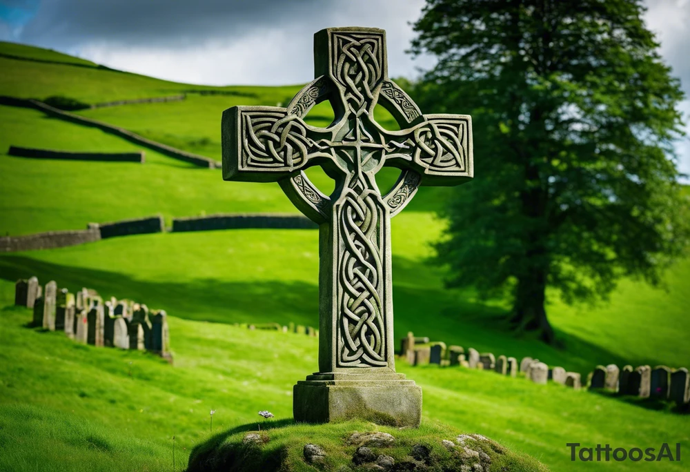 A large, weathered stone Celtic cross standing proudly atop a lush green hill, its four arms stretching skyward. The cross is intricately carved with intertwining knots and spirals, reflecting the artistry of the ancient Celts. A large raven sits perched at the intersection of the cross's arms, its ebony feathers gleaming in the soft light. The bird's eyes seem to hold a wisdom beyond its years, as if it has been witness to countless generations come and gone. tattoo idea