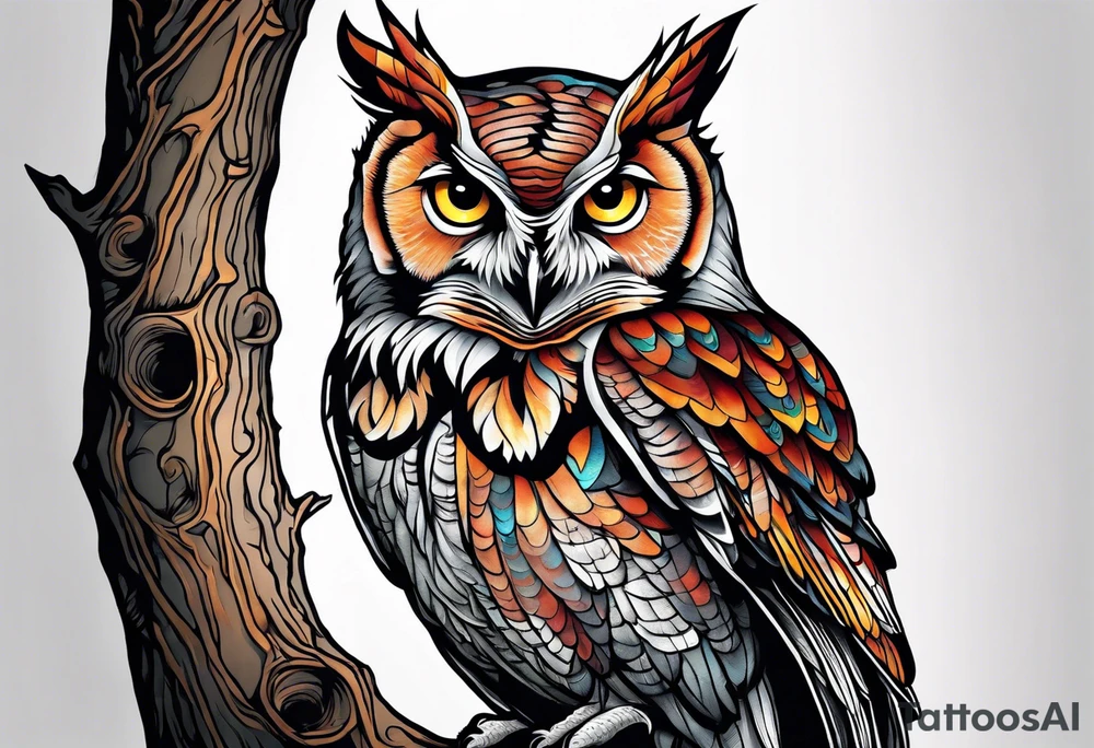 tree traveling up back and shoulder with eastern screech owl on it tattoo idea