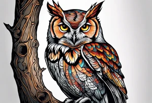 tree traveling up back and shoulder with eastern screech owl on it tattoo idea