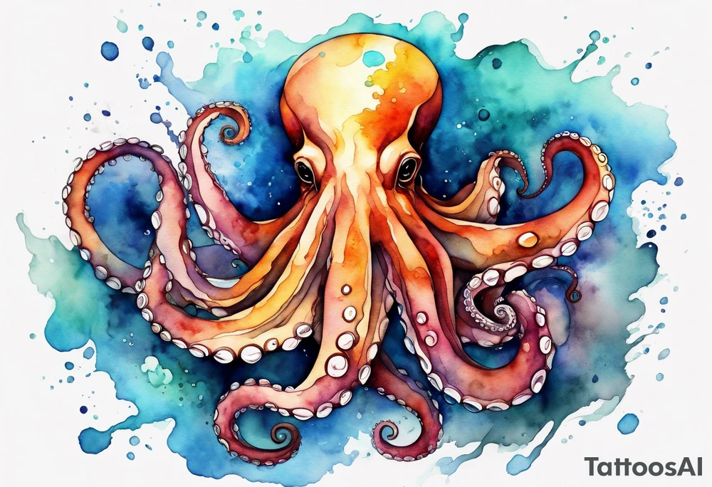 Using the watercolor technique to create a soft, flowing depiction of an octopus, with vibrant colors that bleed outside the lines to represent the fluidity of water. tattoo idea