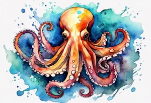 Using the watercolor technique to create a soft, flowing depiction of an octopus, with vibrant colors that bleed outside the lines to represent the fluidity of water. tattoo idea
