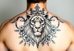 powerful majestic lion with a crown, surrounded by floral ornaments and birds tattoo idea