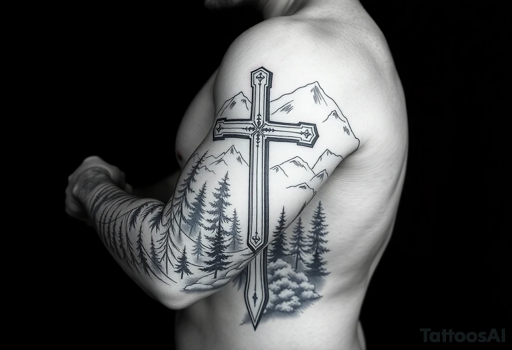 russian orthodox cross in a light forrest mountainous setting tattoo idea