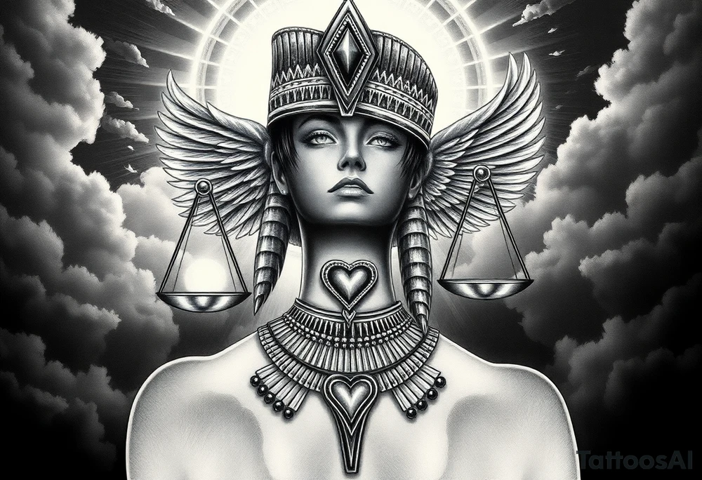 Beautiful Egyptian goddess and elegant body, depicted as a regal woman with an ostrich feather headdress, and intricate ancient Egyptian jewelry such as the Anhk necklace. Background includes something similar to heaven. Incorporate the Scales of Justice—one side holding a heart, the other Ma’at’s feather—glowing with ethereal energy. Emphasize dramatic lighting, deep shadows, and surreal, mystical atmosphere tattoo idea