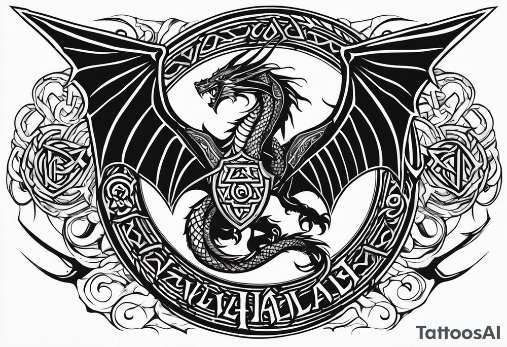 Valhalla sword shield dragon axe Valknut tattoo idea