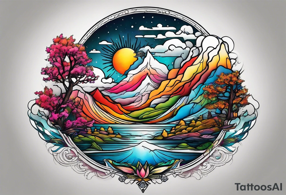 Landscape tattoo on the front neck that's appear to be ejecting from the skin, symbolizing the freedom. tattoo idea