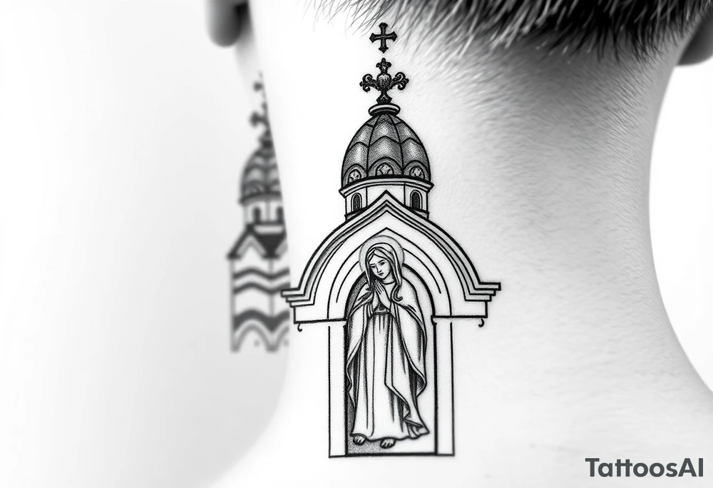 Flowing Scene

A onion domes orthodox church
Virgin Mary in prayer pose on the front doors of the russian orthodox church 
A small double headed russian coat of arms eagle or just the star tucked above the dome near the hairline tattoo idea