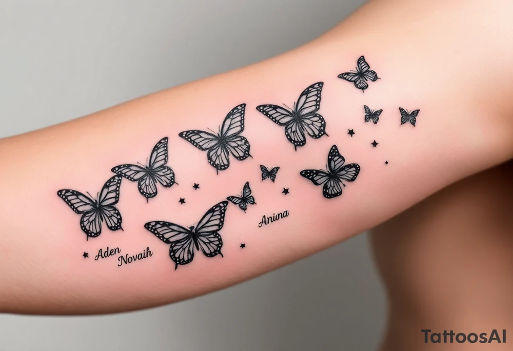 Six Butterflies with kids names streaming down arm  names of kids are Aden, Novaih, Aninna, Rayla, Jayla tattoo idea